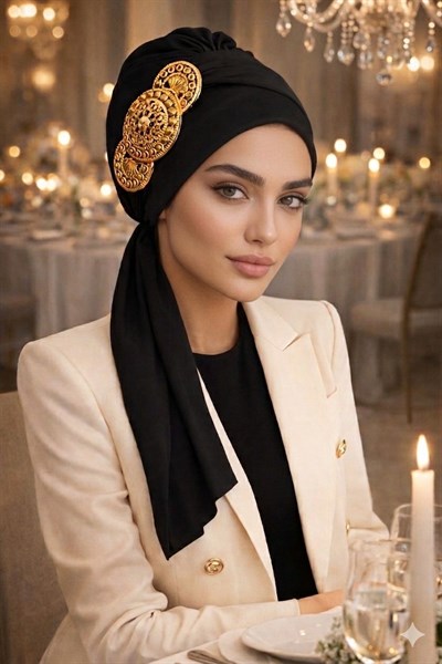 Siyah Gold Aksesuarlı Abiye Atkılı Bone