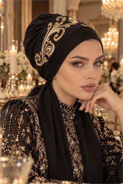 Siyah Gold Detaylı Atkılı Abiye Bone
