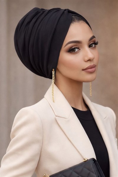 Siyah Gold Küpeli Hazır Büzgülü Bone