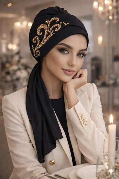 Siyah Gold Motif Abiye Atkılı Bone