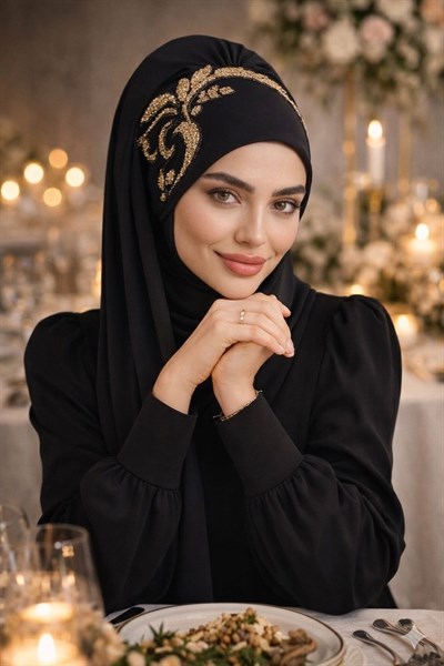 Siyah Gold Motif Simli Abiye Şal