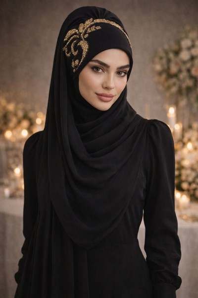 Siyah Gold Motif Simli Abiye Şal