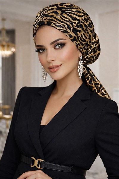 Siyah Gold Payet İşlemeli Eşarp Bone