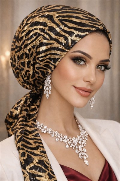Siyah Gold Payet İşlemeli Eşarp Bone