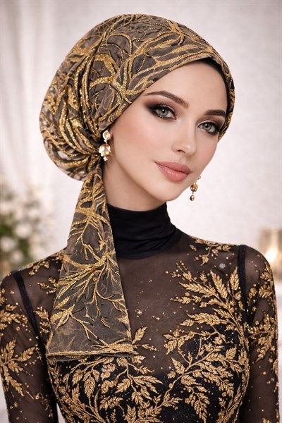 Siyah Gold Simli Abiye Eşarp Bone