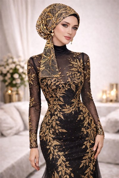 Siyah Gold Simli Abiye Eşarp Bone