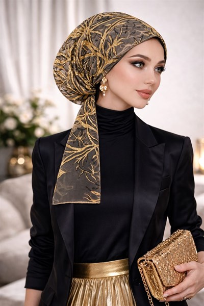 Siyah Gold Simli Abiye Eşarp Bone