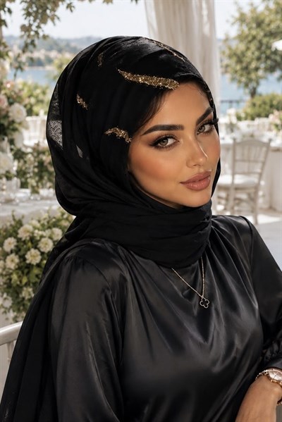 Siyah Gold Simli Abiye Şal