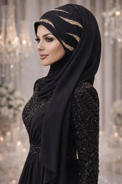 Siyah Gold Simli Abiye Şal