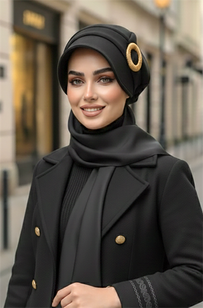 Siyah Gold Tokalı Tesettür Şapka