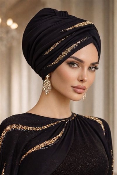 Siyah Gold Yaldızlı Burgu Hazır Abiye Bone
