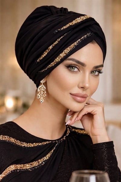Siyah Gold Yaldızlı Burgu Hazır Abiye Bone