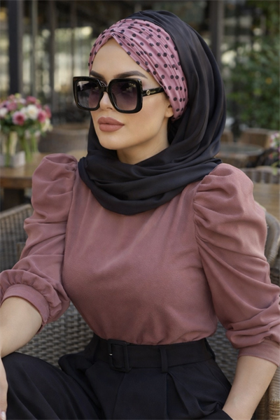 Siyah Gülkurusu Puanlı Büzgülü Hazır Şal