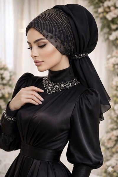 Siyah Gümüş Abiye Tokalı Bone / Hazır Duvak