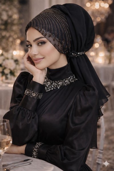 Siyah Gümüş Abiye Tokalı Bone / Hazır Duvak