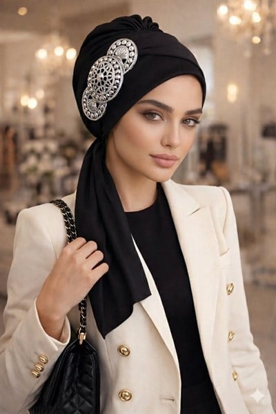 Siyah Gümüş Aksesuarlı Abiye Atkılı Bone