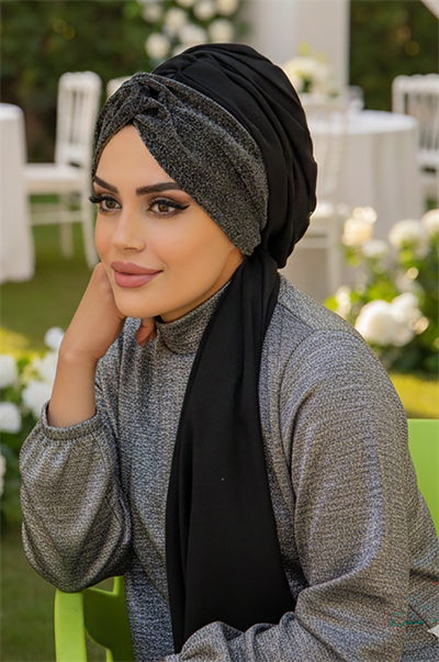 Siyah Gümüş Burgu Hazır Şal