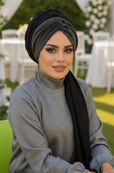 Siyah Gümüş Burgu Hazır Şal