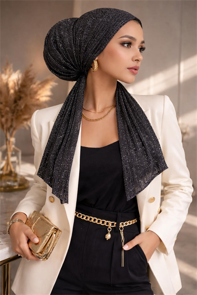 Siyah Gümüş Işıltılı Eşarp Bone