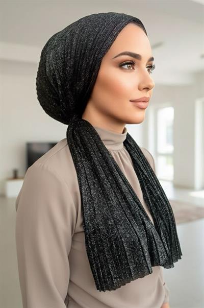 Siyah Gümüş Işıltılı Eşarp Bone