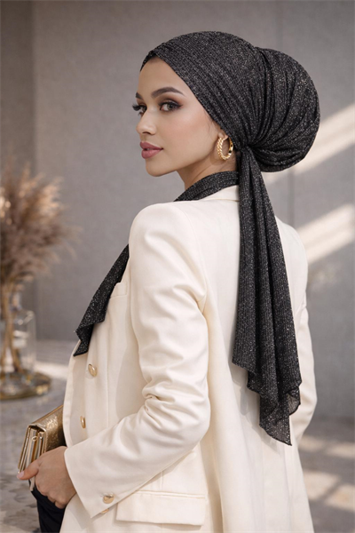Siyah Gümüş Işıltılı Eşarp Bone