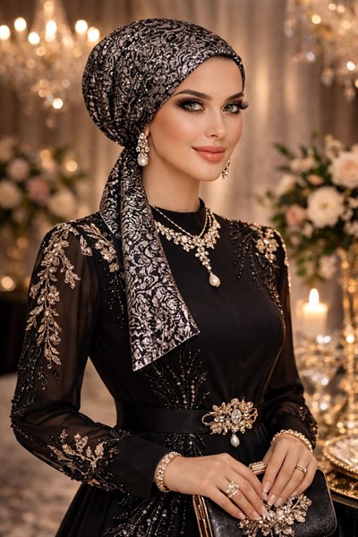 Siyah Gümüş Payet İşlemeli Eşarp Bone