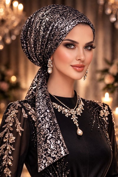Siyah Gümüş Payet İşlemeli Eşarp Bone