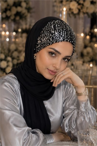 Siyah Gümüş Payetli Bandana Abiye Şal