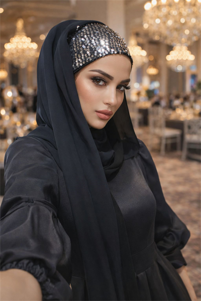 Siyah Gümüş Payetli Bandana Abiye Şal