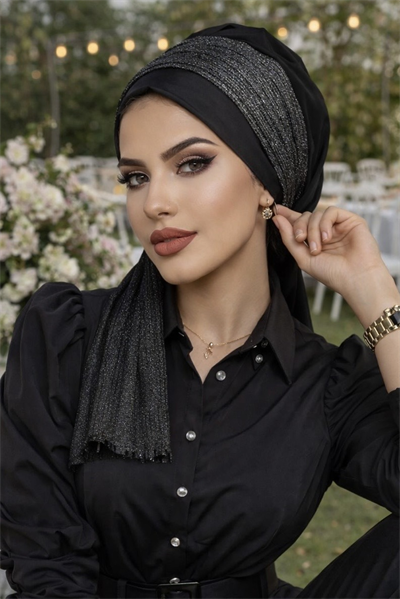 Siyah Gümüş Pilise Fularlı Bone