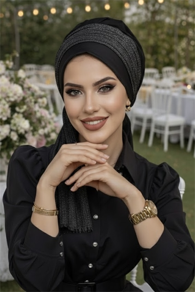 Siyah Gümüş Pilise Fularlı Bone