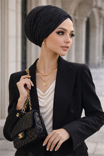 Siyah Gümüş Piliseli Büzgülü Salaş Bone