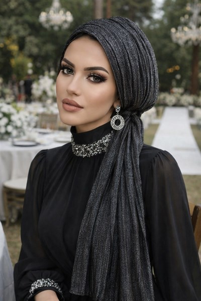 Siyah Gümüş Piliseli Kelebek Model Bantlı Abiye Bone Şal