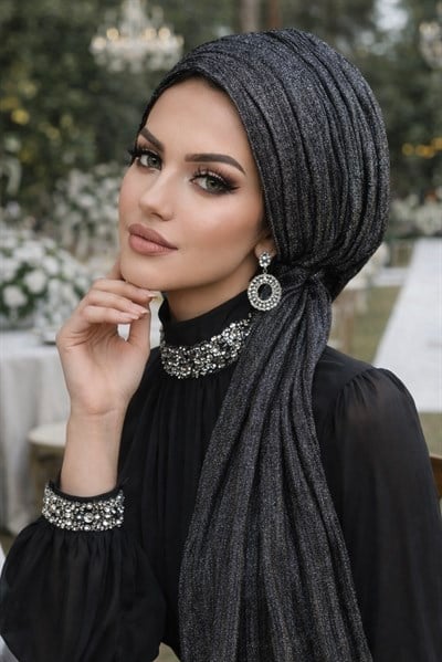 Siyah Gümüş Piliseli Kelebek Model Bantlı Abiye Bone Şal