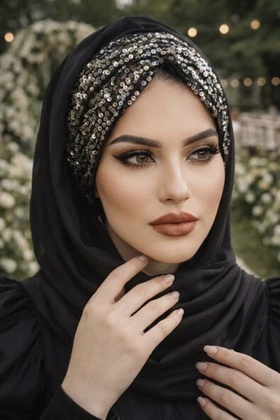 Siyah Gümüş Pul Payetli Abiye Şal