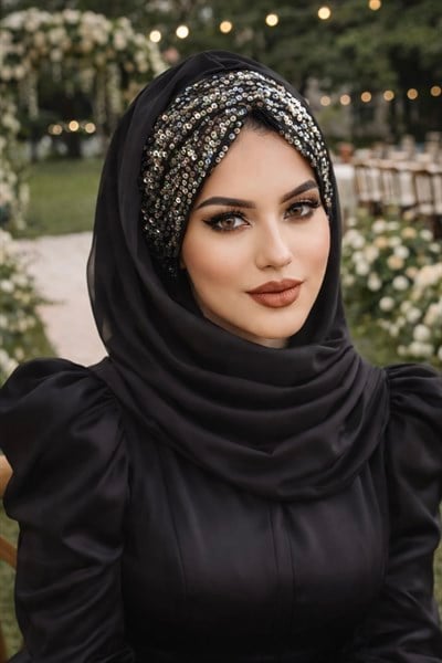 Siyah Gümüş Pul Payetli Abiye Şal