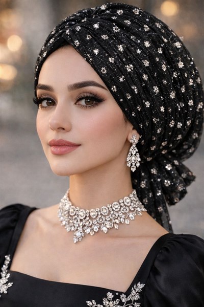 Siyah Gümüş Simli Abiye Tokalı Bone