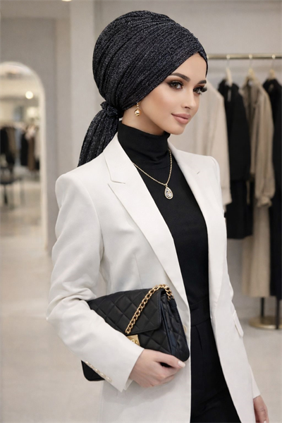 Siyah Gümüş Simli Piliseli Abiye Tokalı Bone