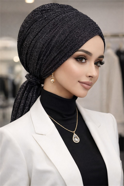 Siyah Gümüş Simli Piliseli Abiye Tokalı Bone