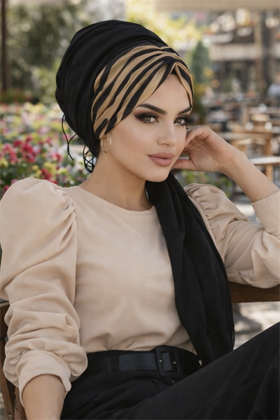 Siyah Hardal Hardal Feminen Desenli Hazır Şal