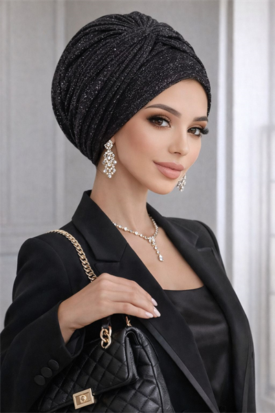 Siyah Işıltılı Burgu Detaylı Bone