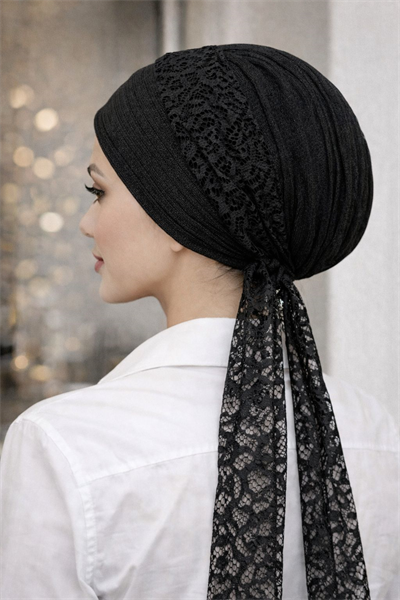 Siyah Işıltılı Dantel Fularlı Bone