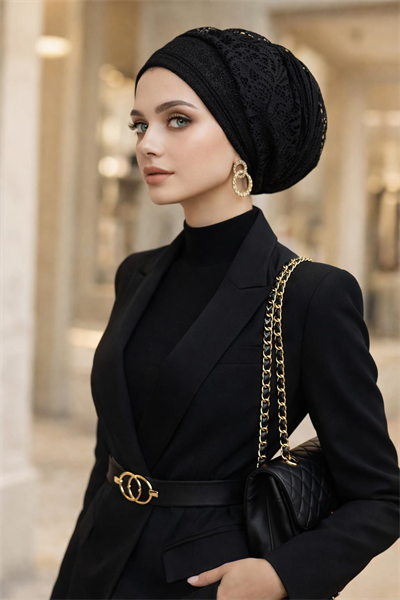 Siyah Işıltılı Dantel Fularlı Bone