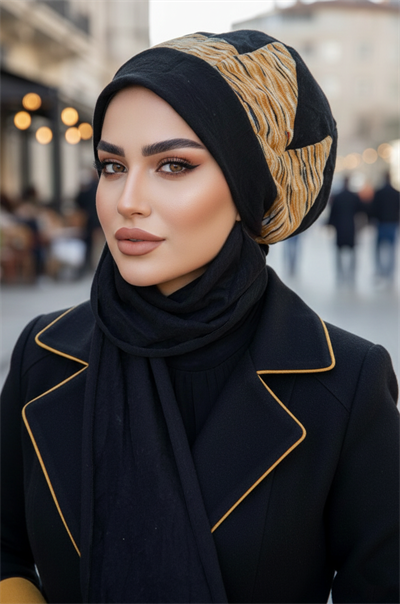 Siyah Kaşe Garnili Tesettür Bere