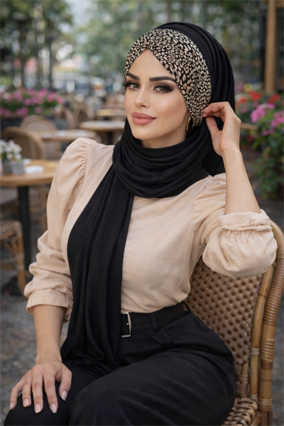 Siyah Kemik Feminen Desenli Hazır Şal