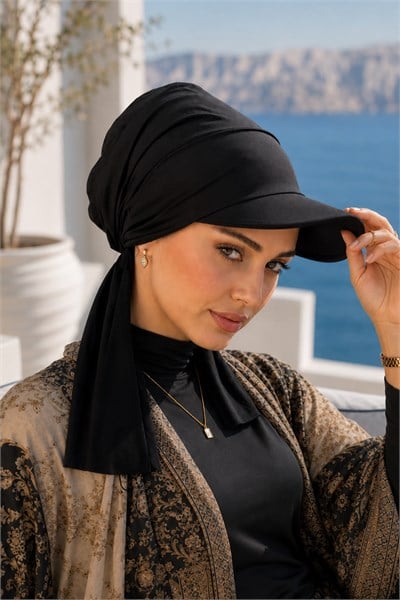 Siyah Kepli Deniz / Havuz Kullanımına Uygun Bağcıklı Eşarp Bone