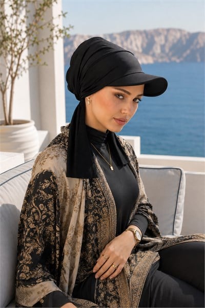 Siyah Kepli Deniz / Havuz Kullanımına Uygun Bağcıklı Eşarp Bone