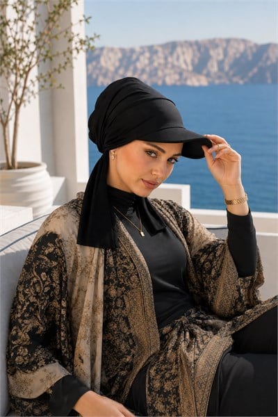 Siyah Kepli Deniz / Havuz Kullanımına Uygun Bağcıklı Eşarp Bone