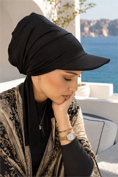 Siyah Kepli Deniz / Havuz Kullanımına Uygun Bağcıklı Eşarp Bone