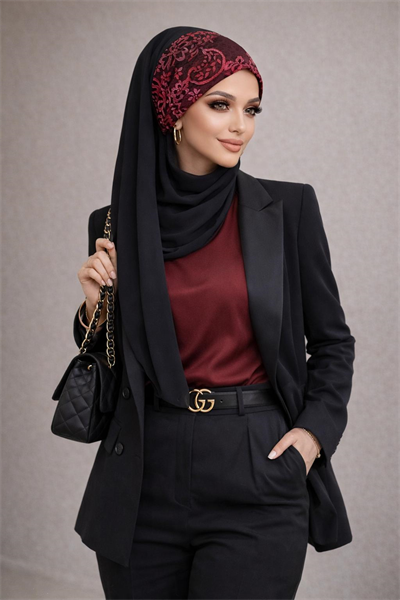 Siyah Kırmızı Bandana Hazır Abiye Şal